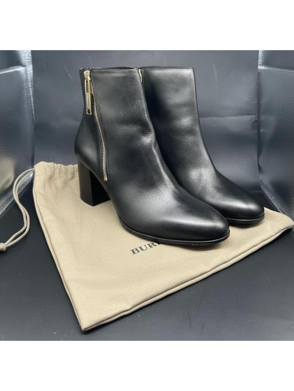 Burberry Black Leather Block Heel Ankle Boots Gold Zip